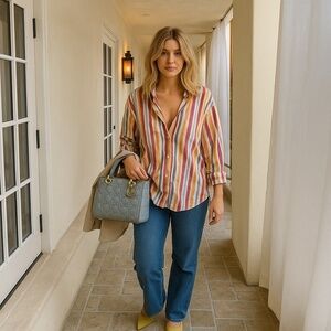 Gap Striped Button Up Blouse Cotton Poplin Long Sleeve Down Collar